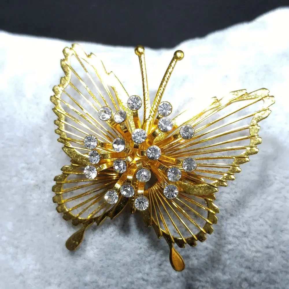 Vintage Monet Gold Tone Wire Butterfly Brooch, Clear Rhinestones Center